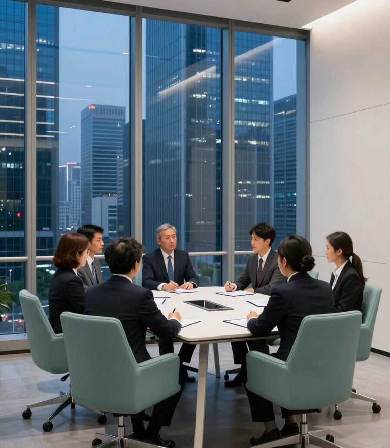 A high-performance team meeting in a Global Business skyscraper office. The room features sky greenish blue chairs and soft off-white walls. Large glass windows overlook a corporate skyline at dusk with deep blue tones and sleek architectural lines.