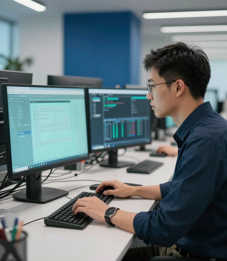 A professional working on high-tech software development in a Global Business tech park. The scene includes light aqua monitors and deep blue office accents, shot with a professional, sleek aesthetic and clean lighting.