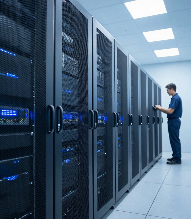 A clean, high-performance IT server room with rows of glowing racks in soft sky blue. A technician in professional attire is working in the background of this Global Business facility.