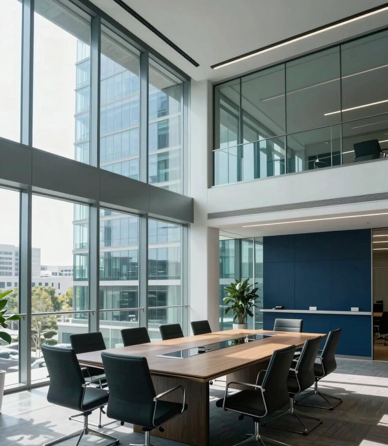 A wide-angle professional shot of a modern glass-walled boardroom in a Global Business financial center. The room is decorated with accents in muted teal and deep navy blue, with bright cool white natural light illuminating the space.