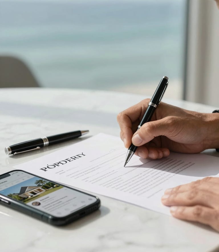 A close-up photograph of a professional signing a property document on a white marble desk. Beside the document is a high-end pen and a smartphone showing a real estate app. The lighting is bright and natural, with soft ocean blue and misty sage color accents in the background.