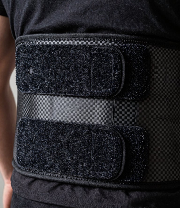 Close-up photography of a technical lumbar support belt showing high-grade Velcro and carbon fiber textures, soft hangar lighting, masculine and industrial feel, North American / International context.
