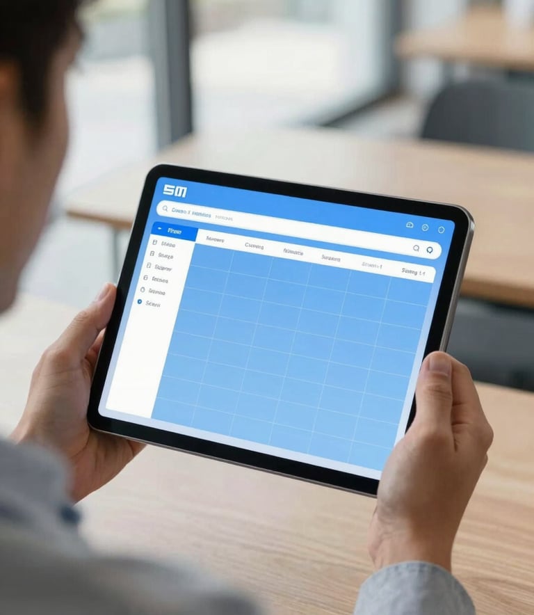 A close-up of a professional in a North American / US business environment holding a tablet. The screen displays a clear, sky blue scheduling interface. Bright natural lighting through glass windows creates a transparent and trustworthy mood.