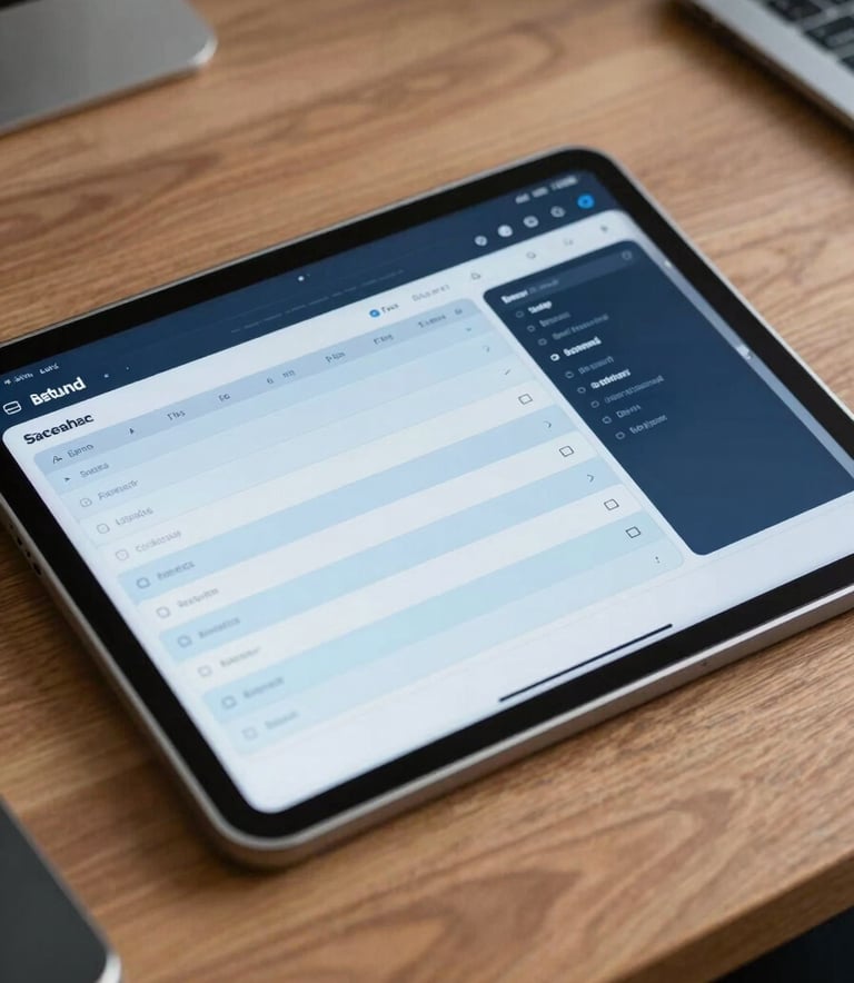 A close-up of a professional tablet on a wooden desk in a North American / US corporate setting, showing a clean, organized scheduling dashboard with pale sky blue and midnight navy UI elements. Sharp focus, natural office lighting.