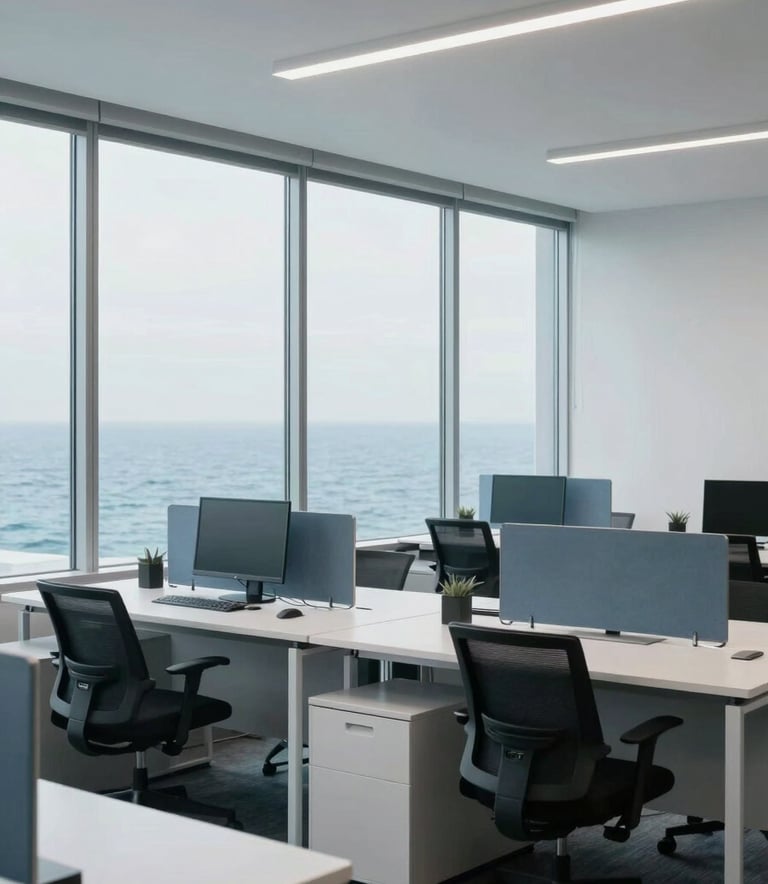 A minimalist North American / US office interior with large windows. The scene features clean lines, white desks, and ocean blue accents. The atmosphere is calm and highly organized, emphasizing precision and professional efficiency.