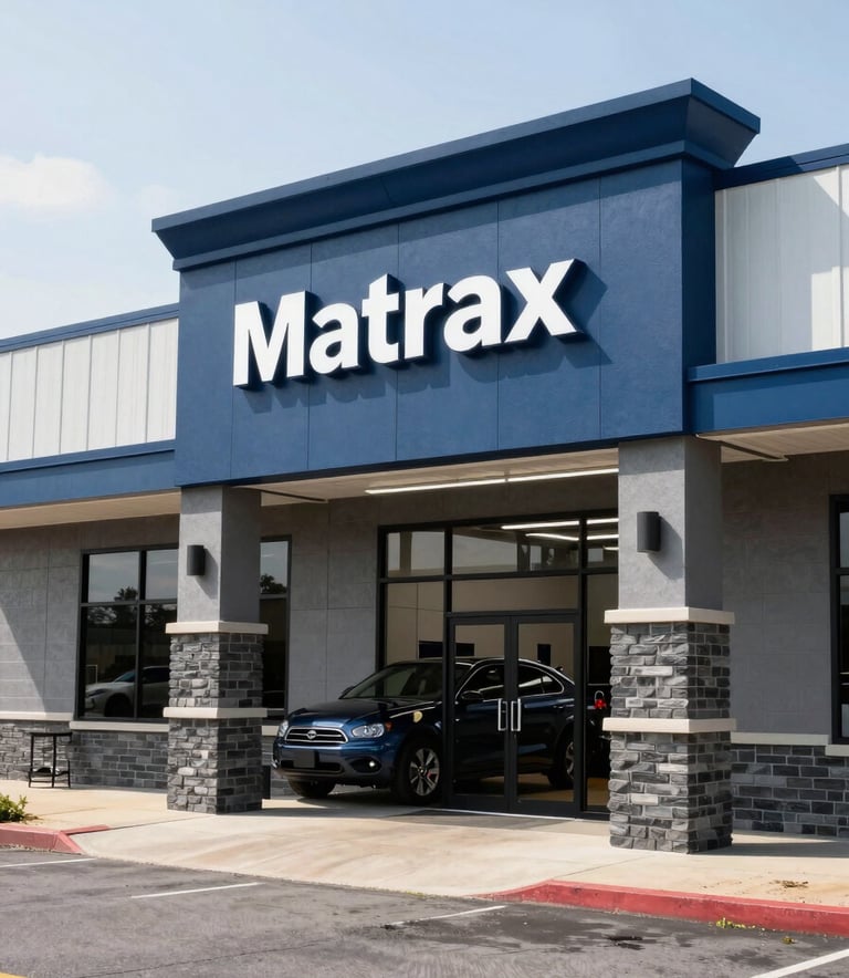 A high-quality wide shot of a modern automotive repair shop exterior in Keswick, Virginia, North American / US. The building features clean lines with navy blue and slate accents. A prominent sign says Matrax. Bright, professional daylight photography.