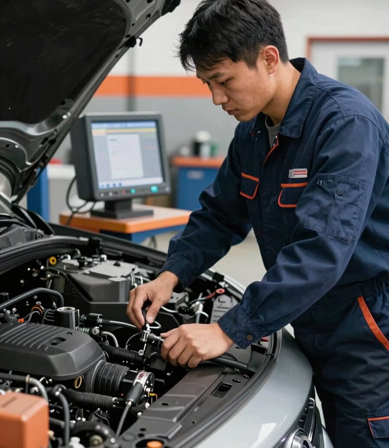 Detailed photography of a professional mechanic in a clean navy blue uniform using modern diagnostic equipment on a car engine. The setting is a well-lit, organized North American / US garage. Colors include slate and hints of safety orange.