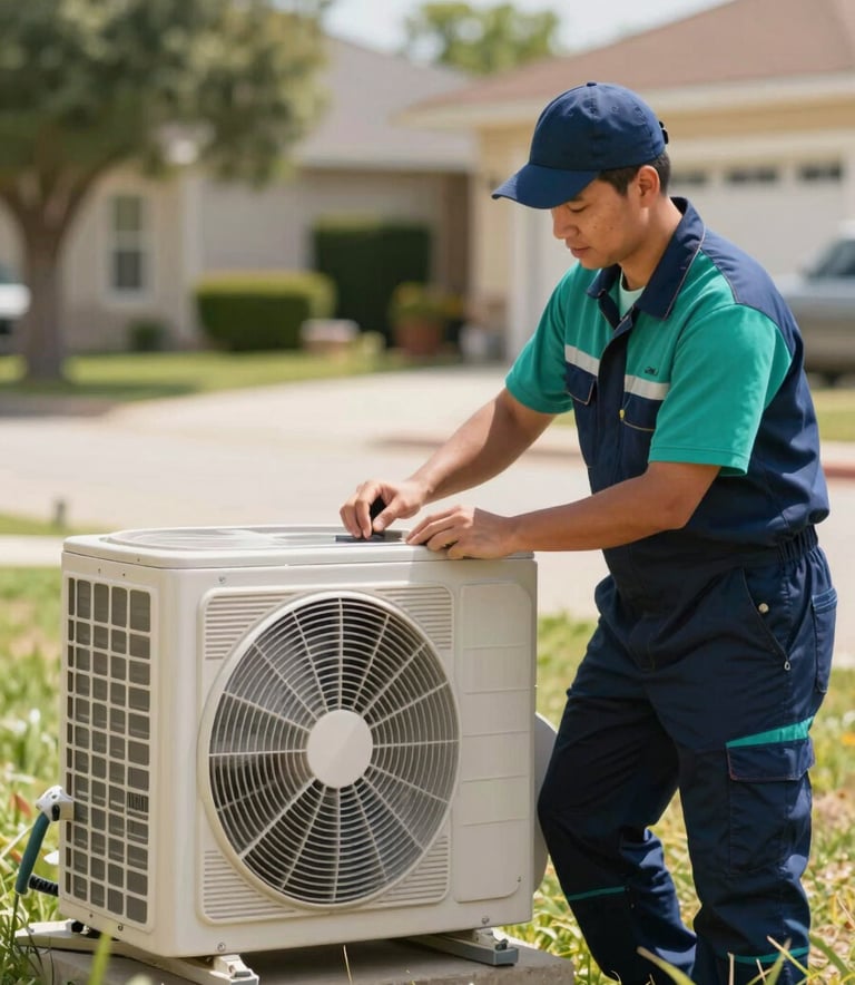 A professional HVAC technician in a clean uniform inspecting a modern outdoor AC unit in a sunny Waco residential area. The shot is medium-range, showcasing a professional and approachable demeanor with brand colors like dark blue (#1A2F3D) and teal (#488C9C) integrated into the environment.