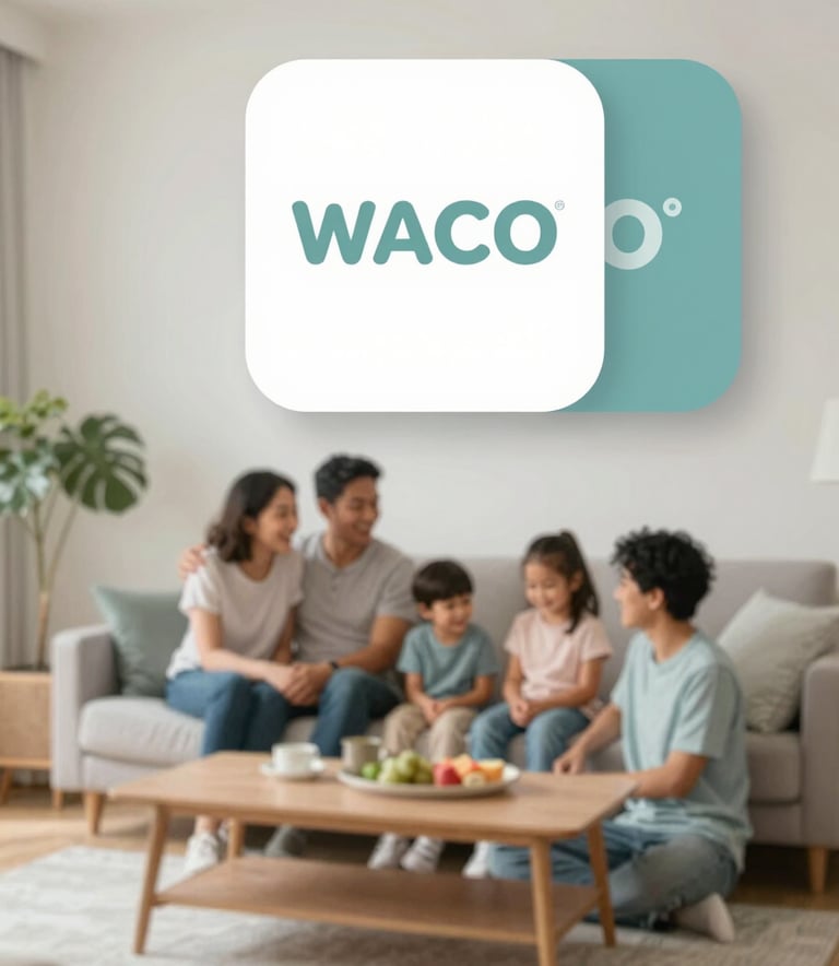 A warm, high-key interior shot of a happy family relaxing in a cool, comfortable living room in Waco. The lighting is soft and natural, emphasizing comfort and quality of life. The decor includes subtle teal (#488C9C) and light gray (#DBE3E7) accents to match the brand identity.