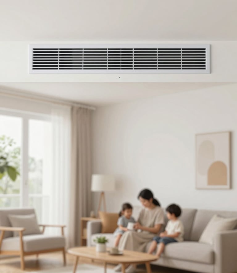 A bright and airy living room showing a clean air vent and a comfortable family atmosphere. The composition emphasizes indoor comfort and air quality, with soft daylight and brand colors #DBE3E7 integrated into the decor.