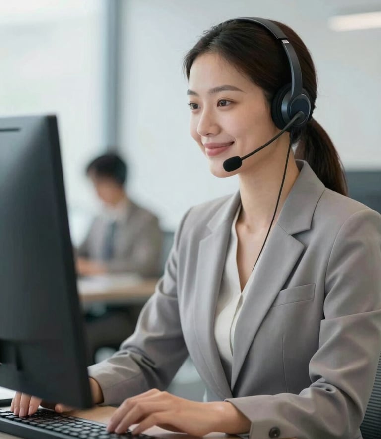 A professional woman wearing a modern headset, smiling calmly while looking at a computer screen in a bright, clean office. The style is professional and user-centric, with a focus on empathy and efficiency. Lighting is soft and natural, with accents of #5C4B5C and #B8A1A1.