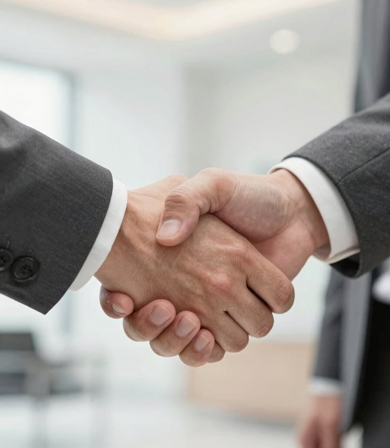 Close up of two hands in a firm, professional handshake in a brightly lit, modern corporate environment. The composition focuses on the gesture of agreement and trust. Soft lighting, sophisticated atmosphere, incorporating subtle tones of #B8A1A1 and #F0EAD6.