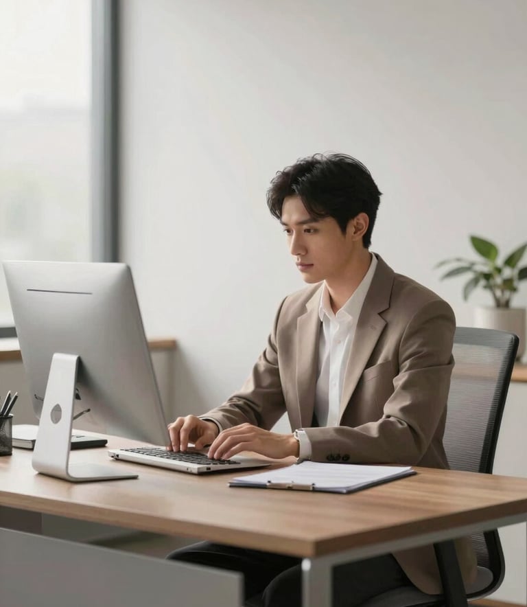 A high-end, modern office setting with a focused professional working at a minimalist desk. The scene is bathed in soft, natural light, highlighting textures of wood and metal. The color palette subtly incorporates #5C4B5C and #F0EAD6. The atmosphere is one of calm productivity and sophisticated service.