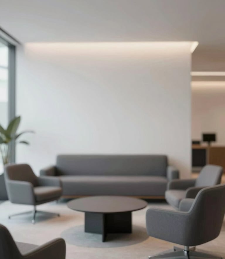 A clean, wide-angle shot of a contemporary corporate lounge. Minimalist furniture in shades of #2D2424 and #B8A1A1 creates a professional yet welcoming vibe. Soft, diffused lighting enhances the sense of calm and reliability. Modern aesthetic with plenty of negative space.
