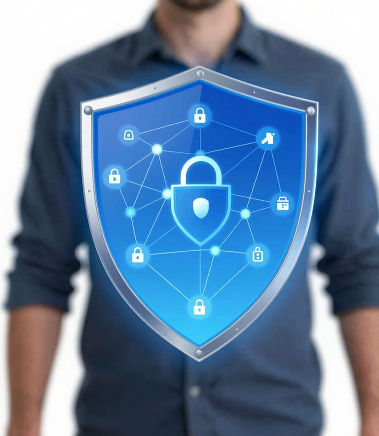 A conceptual digital illustration of a glowing blue shield (#60A5FA) overlaying a network diagram, representing cybersecurity and firewall protection, professional tech style.