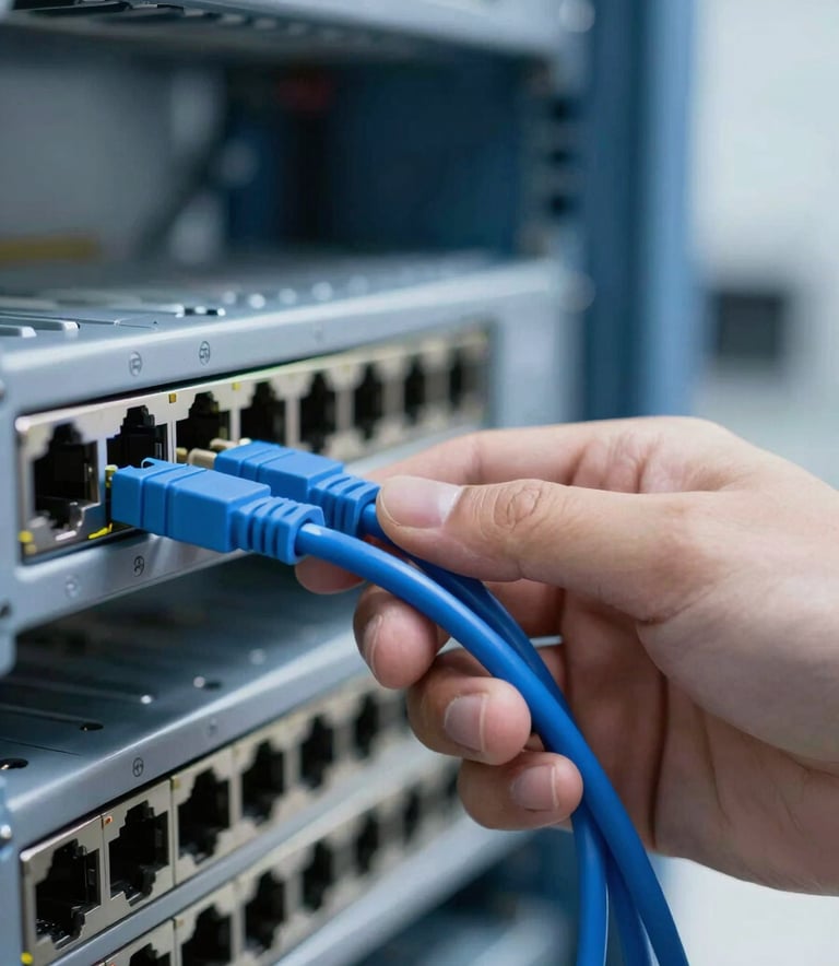 A professional wide shot of an engineer's hand connecting a blue fiber optic cable into a network switch. The lighting is crisp and technological, highlighting metallic textures and the brand's blue tones (#1F4A6D, #60A5FA).