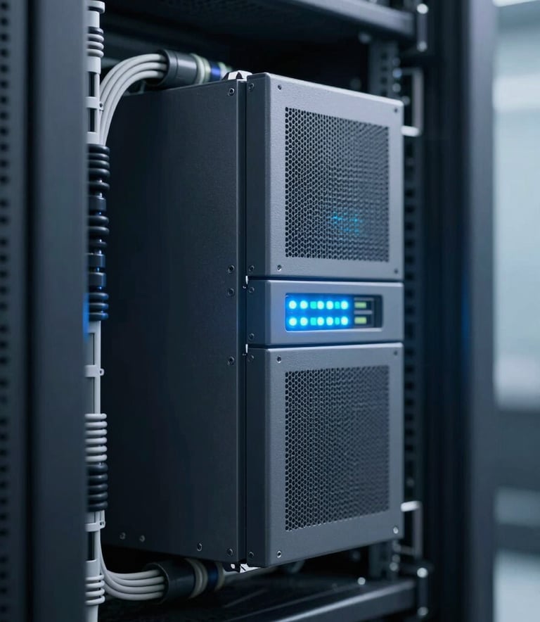 A close-up of a high-end enterprise firewall appliance mounted in a server rack, with glowing status LEDs in shades of #60A5FA. The environment is a clean, professional data center with cable management, using a color palette of #0A192F and #F0F4F8.