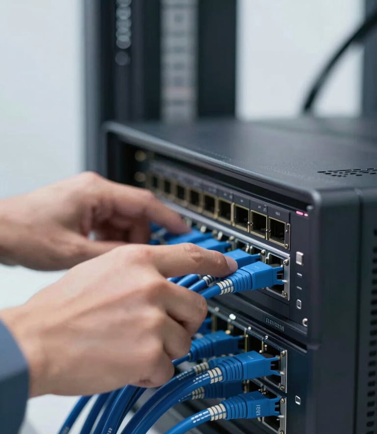 A close-up of a professional network engineer's hands working on a high-end Cisco router, using blue-coded cables (#60A5FA), clean studio lighting, shallow depth of field.