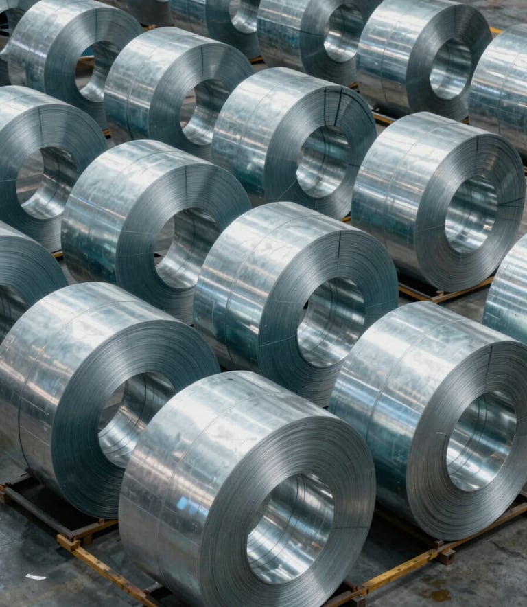 A high-angle professional photograph of a well-organized industrial warehouse featuring stacked aluminum coils and steel beams. The lighting is clean and bright, emphasizing a modern and efficient workspace. Muted teal and cool grey tones dominate the scene, reflecting a Global / Industrial B2B environment.