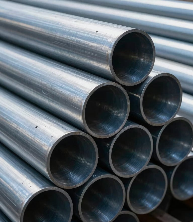 A close-up photograph of heavy-duty industrial steel pipes stacked neatly in an industrial storage facility, featuring a metallic sheen and cool steel blue lighting, Global / Industrial B2B style, focused on durability and precision.