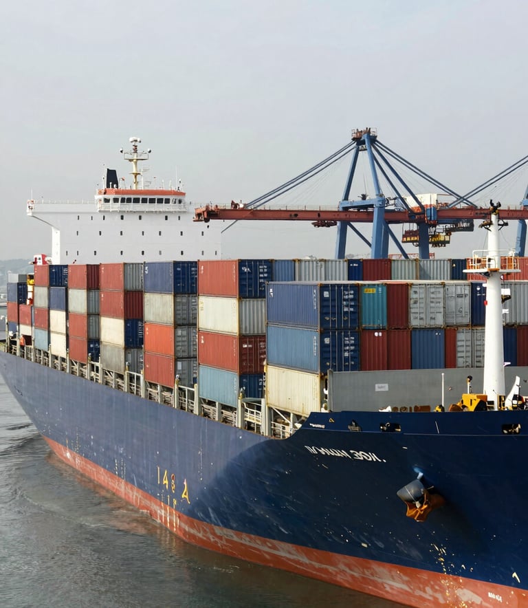A wide-angle landscape shot of a massive cargo ship loaded with metal shipping containers at a busy commercial port, Global / Industrial B2B, daylight, reflecting the scale of international metal trade.