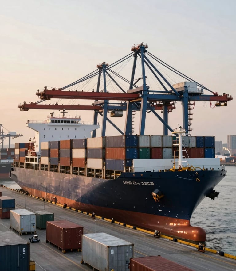 A crisp, professional wide shot of a commercial shipping port at dawn. Large container ships are being loaded with industrial goods. The atmosphere is efficient and reliable, with a color palette of dark navy and off-white. Global / Industrial B2B setting.