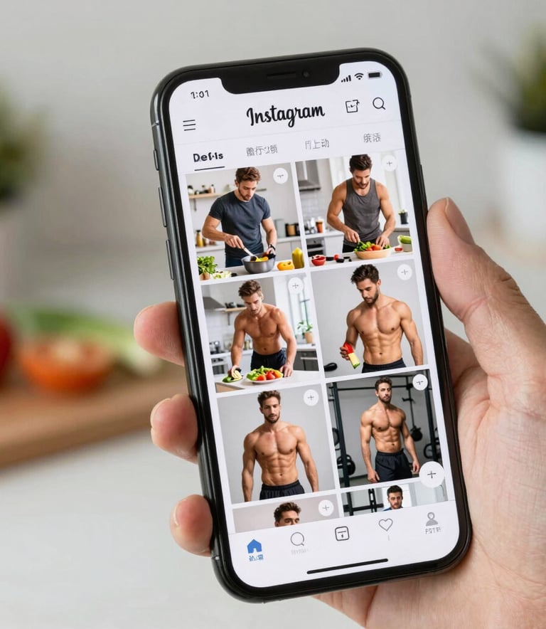 A close-up shot of a smartphone held in a hand, displaying a clean, professional Instagram feed featuring fitness and healthy food content. The lighting is warm and confident, with the background blurred in shades of deep green (#1A4D2E).