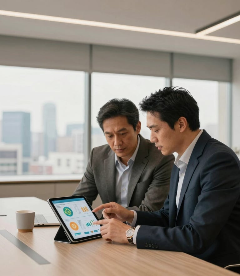 A premium lifestyle shot of professionals in a high-end, minimalist office space overlooking a city skyline. They are reviewing food creator analytics on a tablet. The style is sophisticated, modern, and warm, featuring colors like #A3BFB0 and #0D1C16.