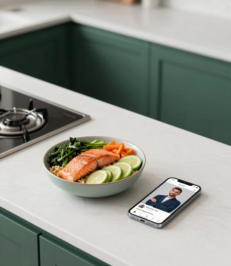 A top-down editorial shot of a sleek, modern kitchen counter. On the counter is a beautifully plated high-protein salmon meal prep bowl next to a high-end smartphone displaying a fitness creator's profile. Lighting is bright, natural, and crisp with abundant white space and deep forest green accents in the decor (#1A4D2E).