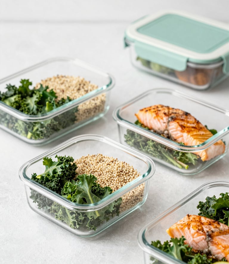 An editorial flat-lay of several premium glass meal prep containers. Inside are colorful, healthy ingredients like kale, quinoa, and grilled salmon. The background is a clean white textured surface, emphasizing a Gen Z-friendly, healthy lifestyle aesthetic with Sage Green (#A3BFB0) accents.