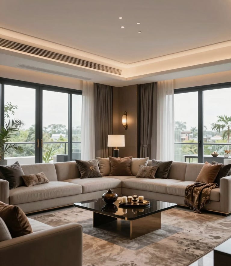 Interior shot of a luxury modern Indian apartment, showing a spacious living room with South Asian decor elements, large windows, and sophisticated lighting.