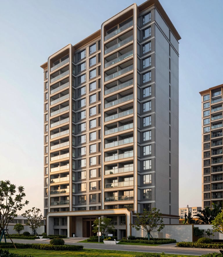 A high-definition architectural photograph of a luxury high-rise residential complex in Noida during the golden hour. The building features modern Indian design with clean lines, glass balconies, and manicured landscaping in the foreground.