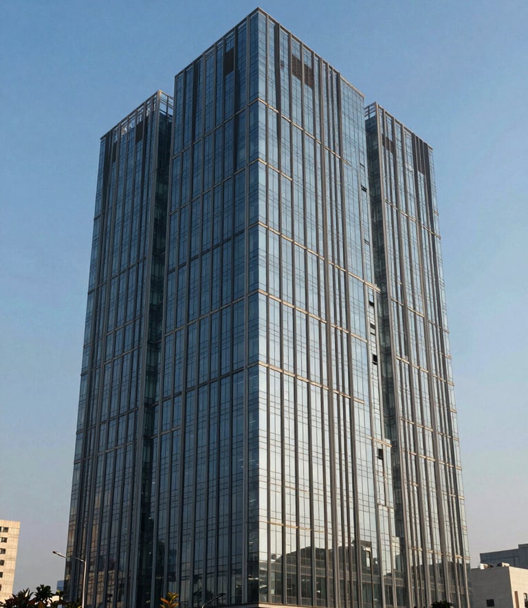 A contemporary commercial office building in a Noida business park, featuring glass walls and modern architecture under a clear blue sky, South Asian urban setting.