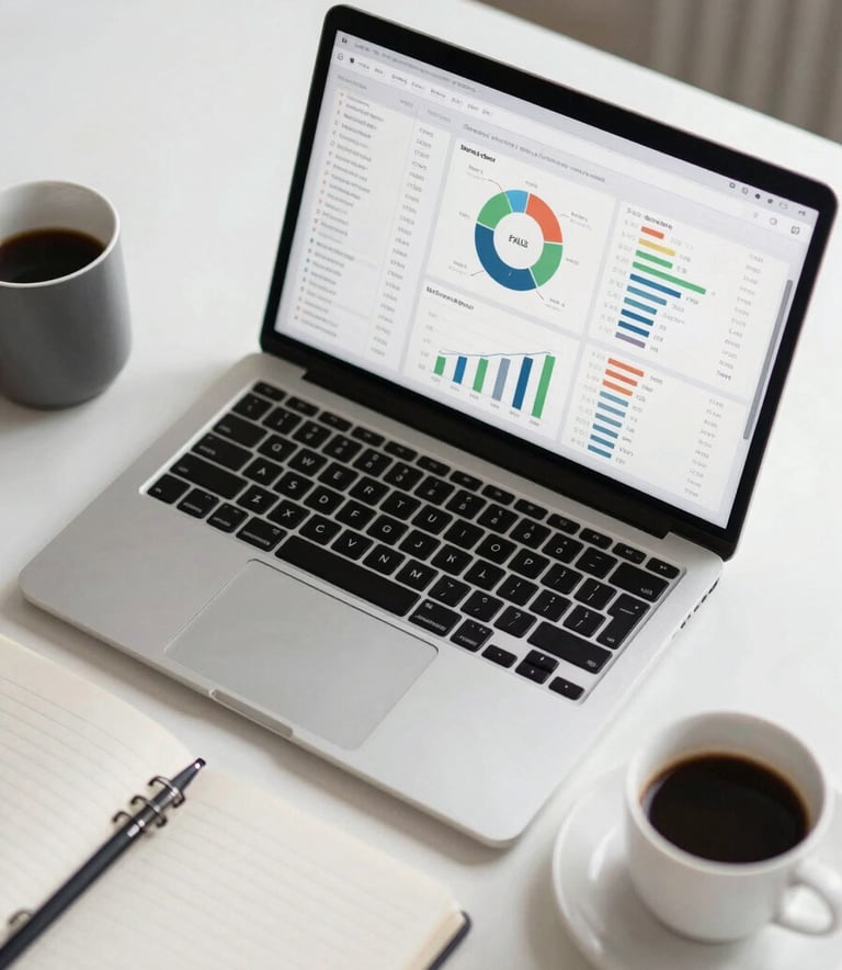 A top-down view of a professional workspace in the US, showing a laptop with analytics dashboards, a cup of coffee, and a notebook on a clean white desk. The lighting is crisp and the mood is result-oriented and focused.