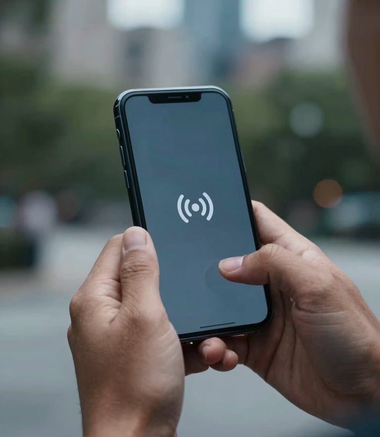 A close-up of a person's hands holding a high-end smartphone with a clear signal icon in a North American / US urban park setting, featuring slate blue and soft blue tones in the background.
