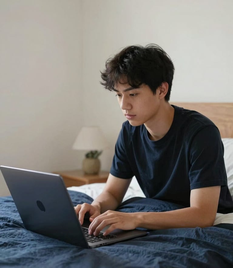 A student using a laptop in a bright North American / US bedroom with off-white walls and deep navy bedding, emphasizing reliable internet connectivity for remote work.