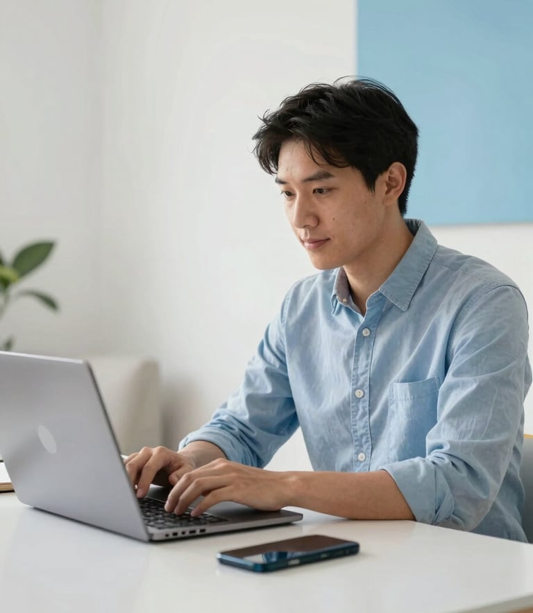 A professional person in a bright North American / US home office, efficiently working on a laptop with a smartphone nearby. The setting is clean and modern, featuring Cloud White walls and Sky Blue decor accents.
