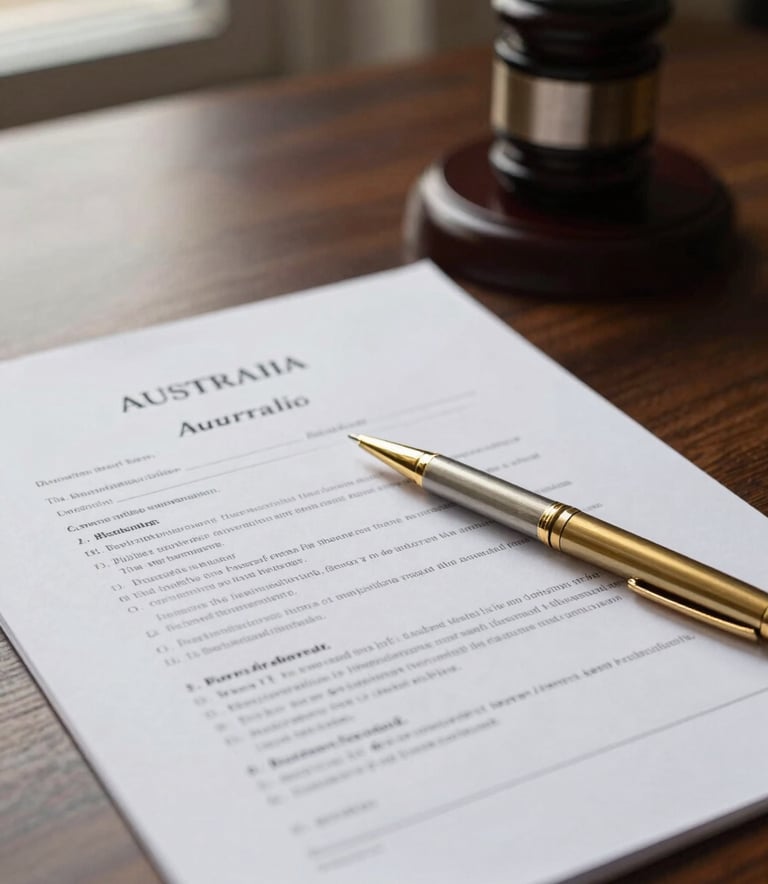A close-up shot of an Australian legal document and a golden pen resting on a dark wood table, with soft light from a nearby window creating a professional atmosphere.