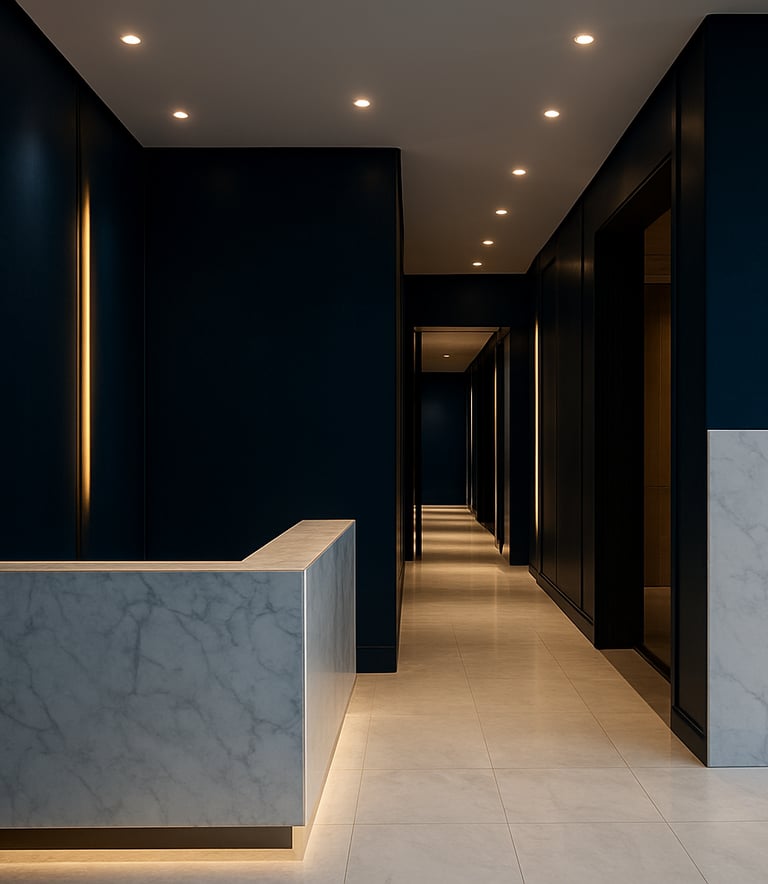 Professional architectural photography of a modern Australian law firm entrance. Features deep navy blue walls, gold accent lighting, and white marble surfaces. The style is premium and authoritative.