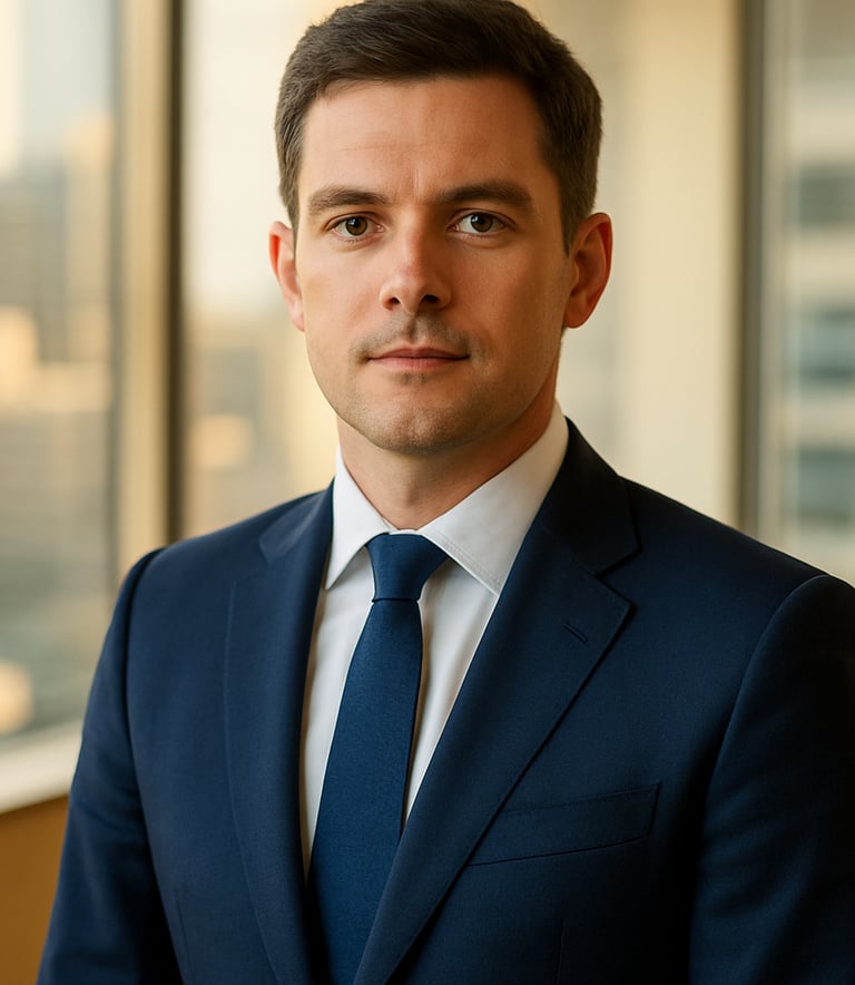 Professional corporate headshot of a solicitor in a tailored navy blue suit, set in a bright Australian office with blurred city views in the background. Natural lighting, warm gold tones, sharp focus.