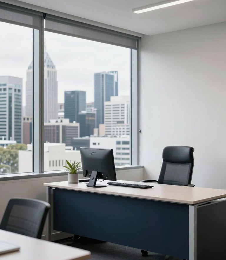 A professional Australian legal office setting with a view of a city skyline through large windows, bright and airy with clean white walls and dark navy accents.