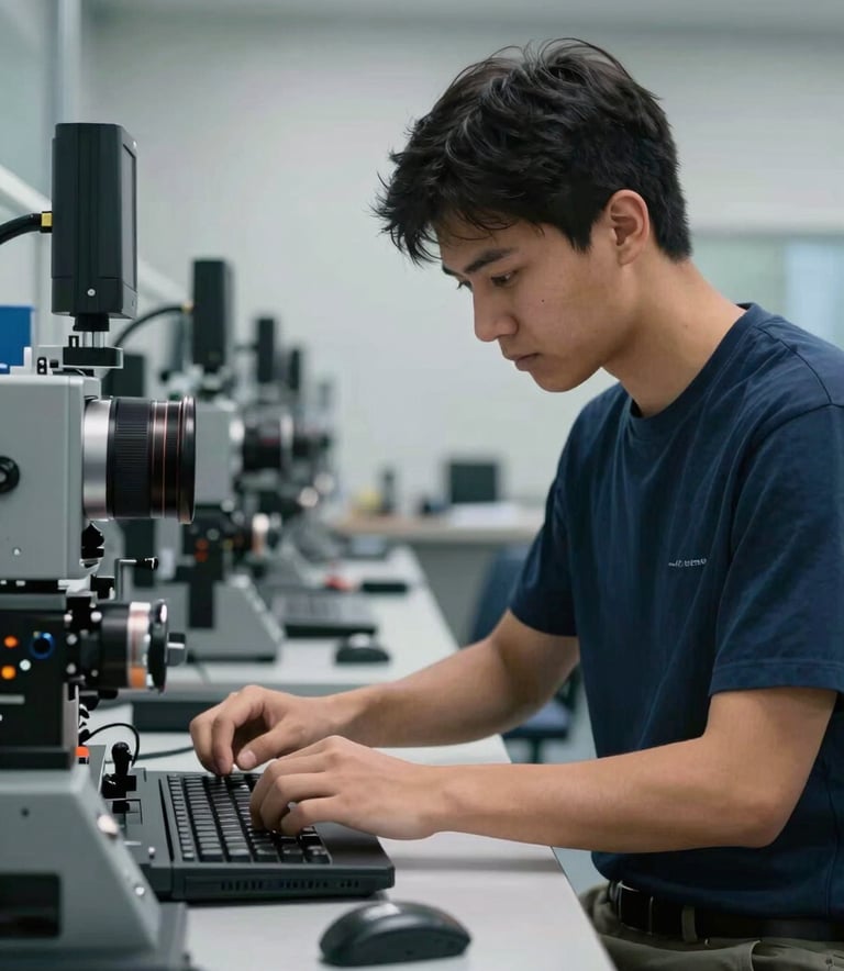 A focused North American / US student in a high-tech training center, working on a complex project. The environment is clean and professional with steel blue and muted slate accents.