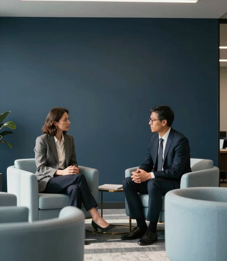 A wide-angle professional photograph of a clean, minimalist meeting space in a North American / US corporate setting. Two professionals are engaged in a calm, purposeful conversation. The room features a Deep Charcoal Blue accent wall and Pale Mist Blue furniture, bathed in soft afternoon light.