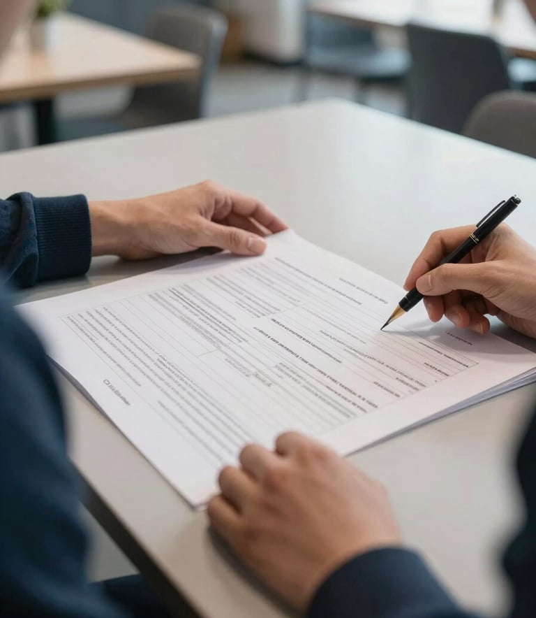 A close-up photograph of a professional's hands carefully reviewing a detailed project plan on a desk in a modern North American / US community center. The scene is lit with soft, natural light and features elements in Muted Slate Blue and Deep Charcoal Blue, conveying a sense of precision and intentionality.