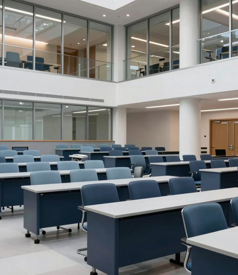 A crisp, professional wide shot of a modern North American / US university lecture hall or study space, featuring clean lines, glass walls, and mist blue and deep navy furniture tones. The lighting is bright and purposeful.