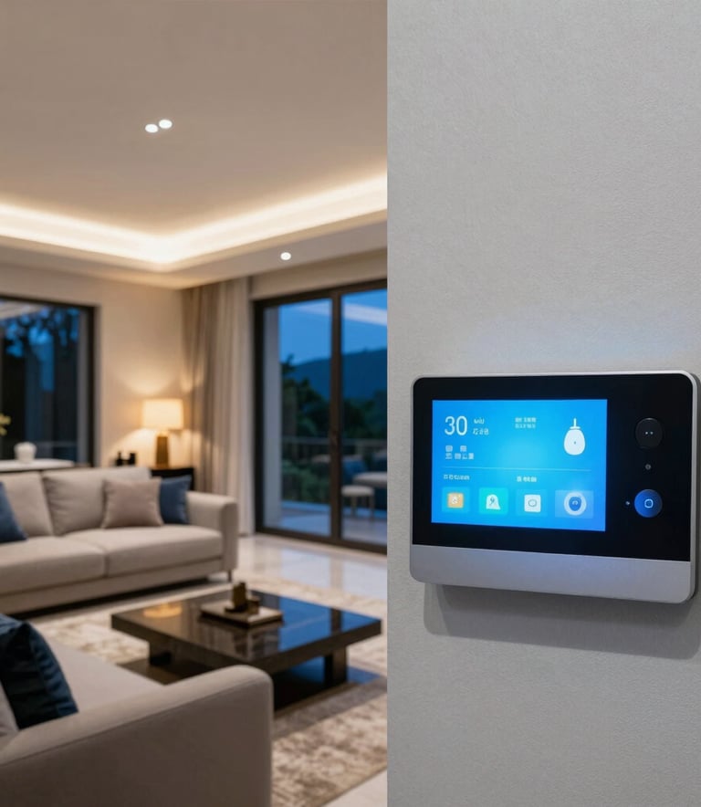 A sophisticated modern living room in a Latin American / Spanish-speaking residence with high-end integrated lighting and smart home technology. The lighting creates a warm ambiance, highlighting steel blue and deep ocean blue decor elements. High-quality photography, sharp focus, evening atmosphere.