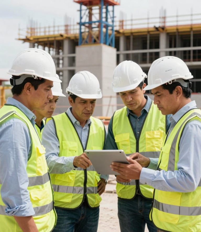 A group of professional engineers in white hard hats and reflective vests standing on a construction site in a Latin American / Spanish-speaking region, reviewing a large digital tablet together. Pristine white and steel blue equipment in the background, daytime.