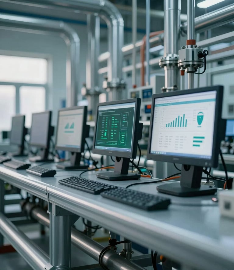 A high-tech, clean industrial facility featuring a network of polished steel pipes and advanced monitoring screens, illuminated with soft natural light. The scene incorporates a color palette of #1B3A32 and #4F7E6B to represent carbon emission reduction technology. Professional, modern, and trustworthy atmosphere.