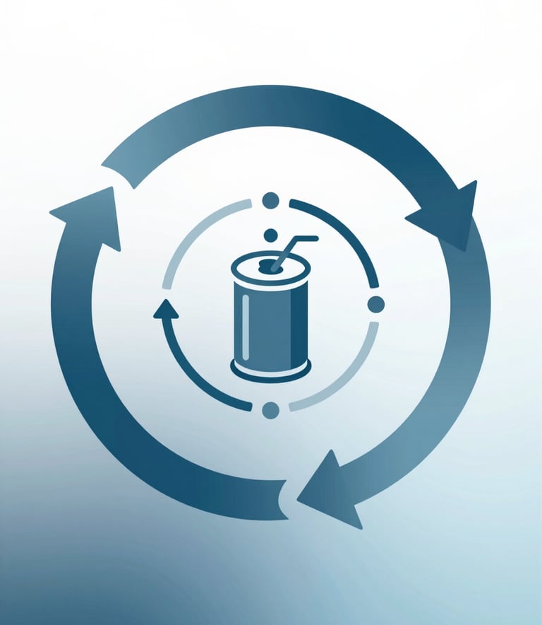 A digital visualization of a circular economy loop, showing waste transforming into energy particles and fuel canisters, using professional clean lines and #4F7E6B and #B0C8BE colors.