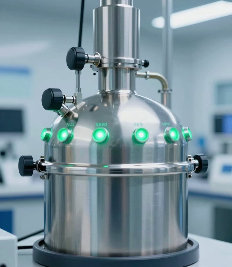 A close-up of a high-tech bioreactor used for renewable fuel production, featuring sleek metallic surfaces and green glowing indicators, set in a clean industrial lab using #1B3A32 and #4F7E6B tones.